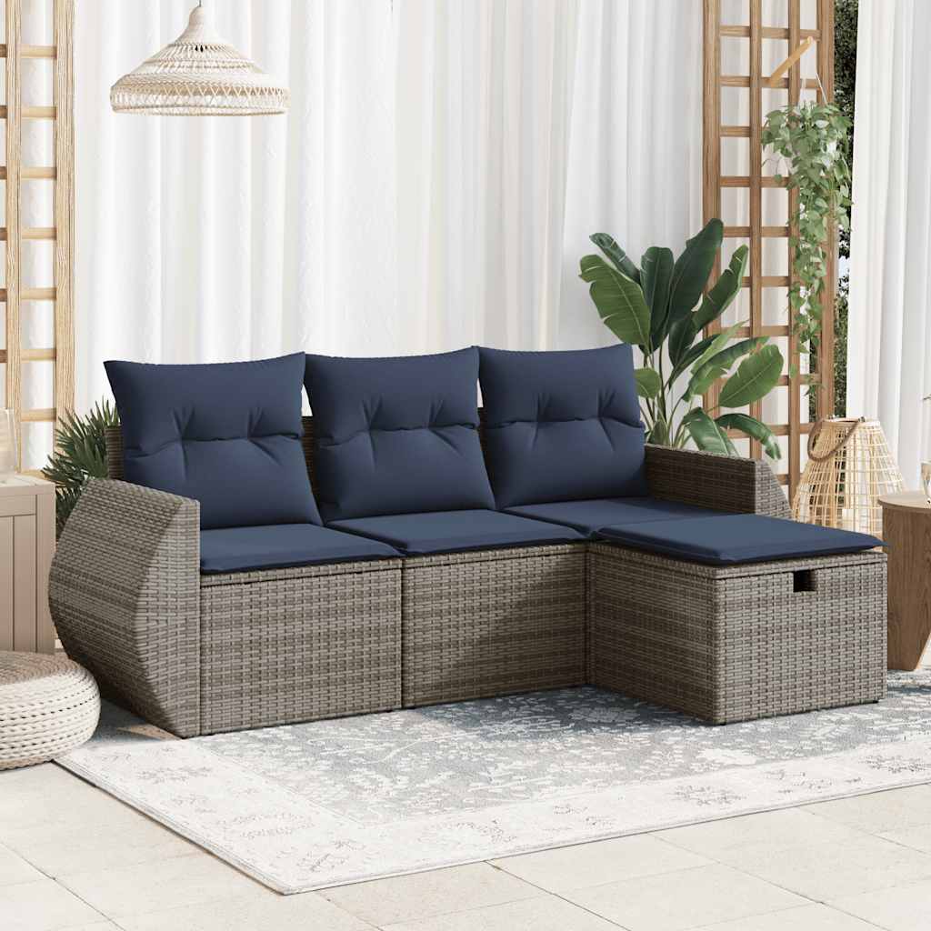 vidaXL 4-delige Loungeset met kussens poly rattan grijs