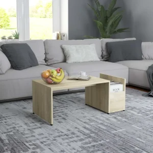 Salontafel met geometrische vorm en bewerkt hout voor een chique look