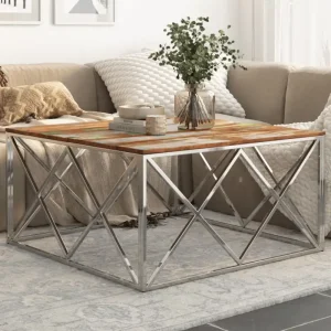 Salontafel van gerecycled hout en roestvrij staal voor in je woonkamer